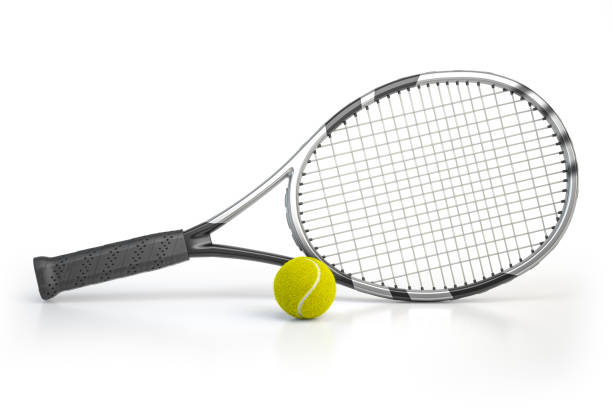 tennisschläger und tennisball isoliert auf weißem hintergrund. - tennis racket ball isolated stock-fotos und bilder