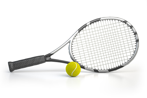Tennis racket and tennis ball on a hardcourt.