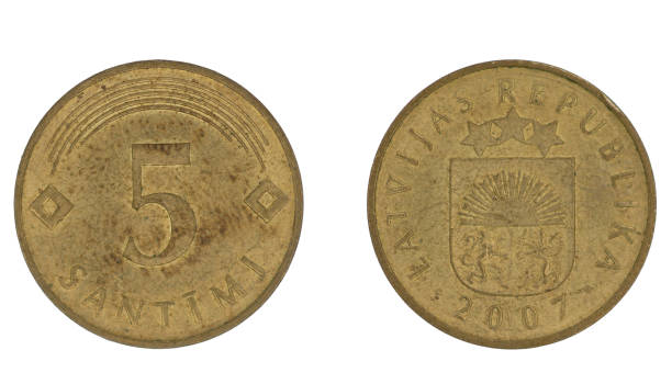 istock 5 Latvian santimi (LVL) coin with both sides on isolated white background 1429416622
