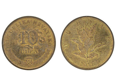 Coins of 10 Croatian Lipa (kuna), head and tail, 10 Lipa or 0.1 kuna (REPUBLIKA HRVATSKA, DUHAN) from 2011 on white background close-up