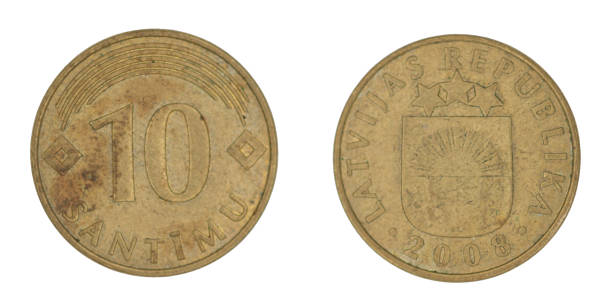 istock 10 Latvian santimu (LVL) coin with both sides on isolated white background 1429416646