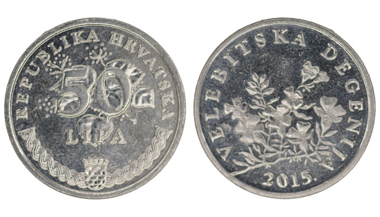 Coins of 50 Croatian Lipa (kuna), head and tail, 50 Lipa or 0.5 kuna (REPUBLIKA HRVATSKA, VELEBITSKA DEGENIJA) from 2015 on white background close-up