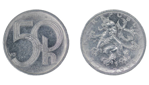 50 heller czech crown (czk) münze mit beiden seiten auf isoliertem weißem hintergrund - czech culture currency wealth coin stock-fotos und bilder