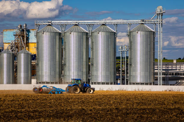 Agricultural Silos. Storage and drying of grains, wheat, corn, soy, sunflower against the blue sky with white clouds.Storage of the crop Agricultural Silos. Storage and drying of grains, wheat, corn, soy, sunflower against the blue sky with white clouds.Storage of the crop granary stock pictures, royalty-free photos & images