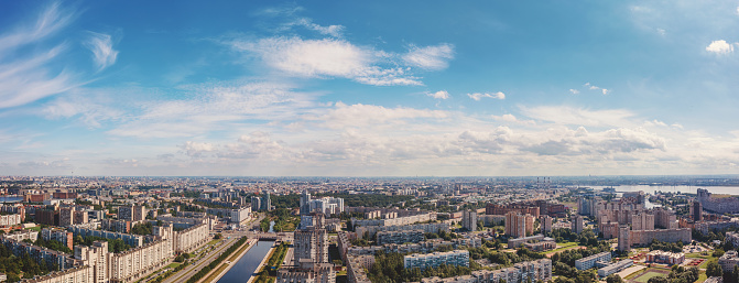 Saint Petersburg, Russia large general aerial view. Aerial panoramic landscape of the horizon over the city
