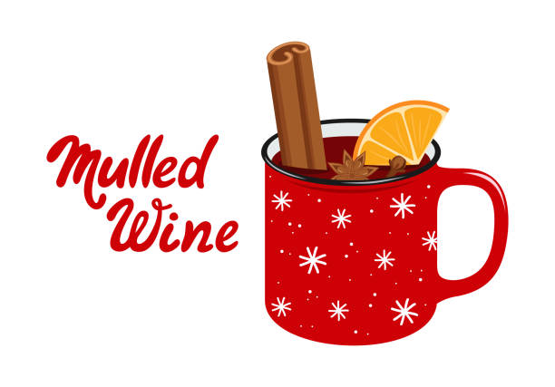 Mulled wine with cinnamon, orange, anise and cloves in a red cup. Hot winter drink. Flat vector illustration Mulled wine with cinnamon, orange, anise and cloves in a red cup. Hot winter drink. Flat vector illustration mulled wine stock illustrations