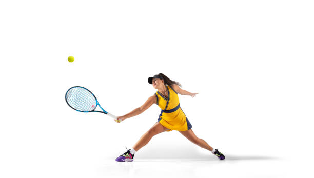 istock Woman playing tennis isolated on white 1429431079