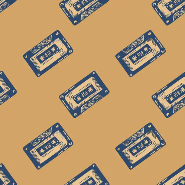 Vector illustration of Audio cassette tape engraved seamless pattern. Vintage music cassette tape in hand drawn style.