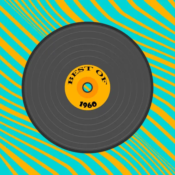 Vector illustration of Decorative print with phonograph record and abstract stripes. Retro style 1960.