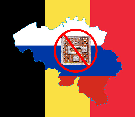 Outline map of Belgium with the image of the national flag. Manhole cover of the gas pipeline system on the flag of Russia inside the map. Collage. Energy crisis.