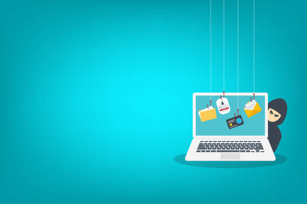 hacker mit laptop-computer, der vertrauliche daten, persönliche informationen und kreditkartendetails stiehlt. hacking-konzept. - wirtschaftskriminalität stock-grafiken, -clipart, -cartoons und -symbole