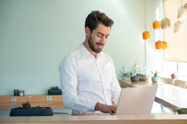 Handsome young business man working with laptop in office stock photo