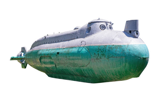 old bathyscaphe isolated on white, clipping path included - submarine navy underwater military ship imagens e fotografias de stock