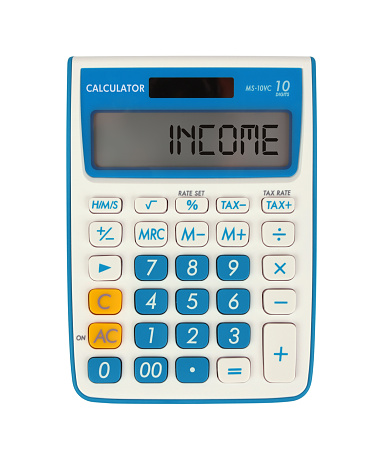 Calculator with income word on screen, isolated on white