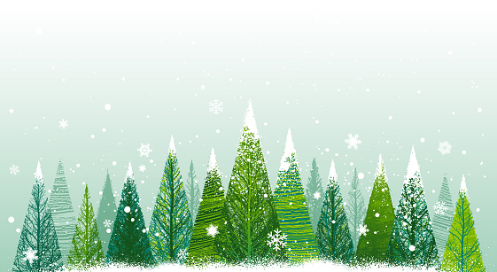 Christmas winter vector background design with snow covered trees for use on Christmas cards or posters