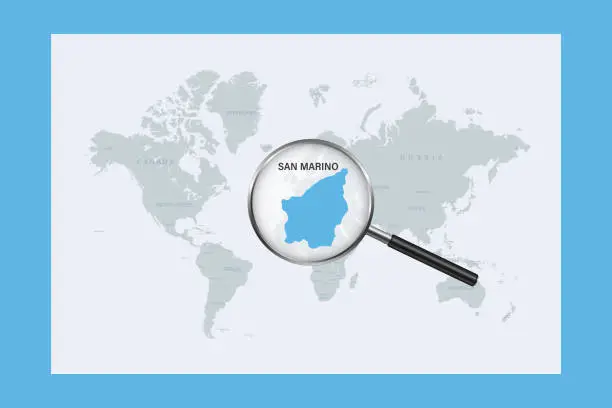 Vector illustration of Map of San Marino on political world map with magnifying glass