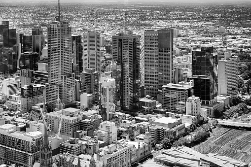 Contrast black-white High-rise business towers in Melbourne city CBD from elevation of skyscraper - cityscape.