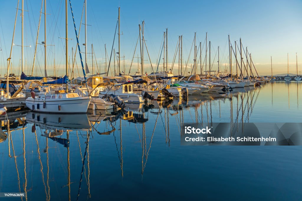 Harbor of Les Issambres, French Riviera Les Issambres, France, September 2022: Sunset at the Marina of Les Issambres on French Riviera Marina Stock Photo