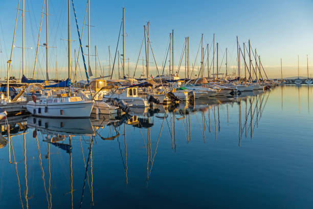 Harbor of Les Issambres, French Riviera Les Issambres, France, September 2022: Sunset at the Marina of Les Issambres on French Riviera marina stock pictures, royalty-free photos & images