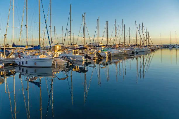 Les Issambres, France, September 2022: Sunset at the Marina of Les Issambres on French Riviera
