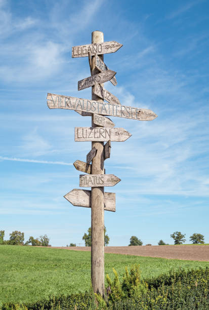 Wood signpost with cities and places in Switzerland and distance. stock photo