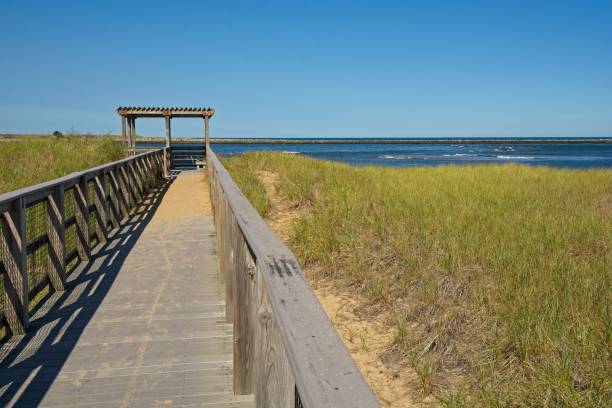 Boardwalk across sand dunes towards Atlantic Ocean beach at Plum Island