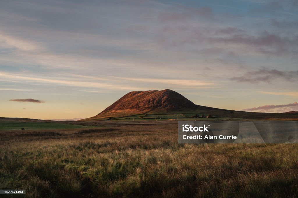 Wide view of Slemish mountain at dusk, at County Antrim, Northern Ireland Slemish mountain on a summer evening at sunset, with beautiful dusk side lighting and overcast sky, shot in wide angle. The grass fields are bordered in distance with hand built stone walls. The mountain is a popular tourist attraction, and for walking. St. Patrick tended sheep there as a young man. The mountain is actually the plug of an extinct volcano Agricultural Field Stock Photo