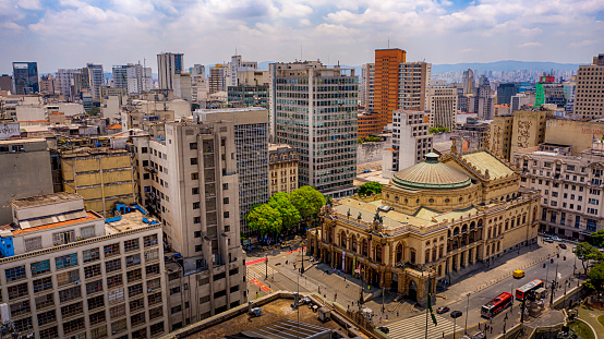 Aerial view of theater and the city in background