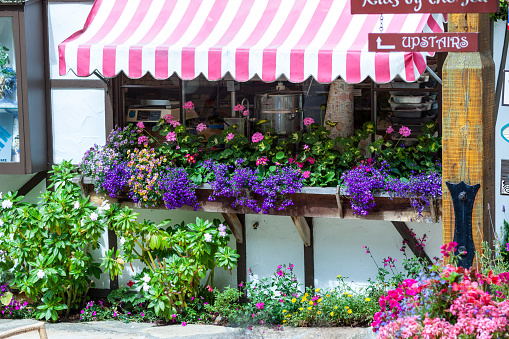 Shops in Carmel by the sea, city on the Pacific coast known for its enchanting architecture with fairytale houses.