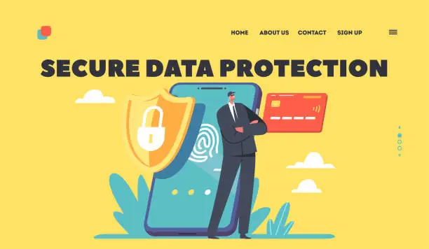 Vector illustration of Secure Data Protection Landing Page Template. Credit Card Check And Software for Confidential Access for Cellphone