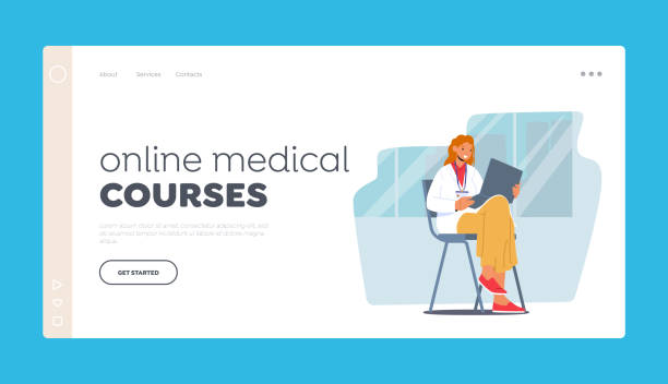 Online Medical Courses Landing Page Template. Student Intern Female Character In Doctor Uniform Sitting on Chair Online Medical Courses Landing Page Template. Student Intern Female Character In Doctor Uniform Sitting on Chair Listening Seminar or Lecture in Medical School. Cartoon People Vector Illustration seminar classroom lecture hall university stock illustrations