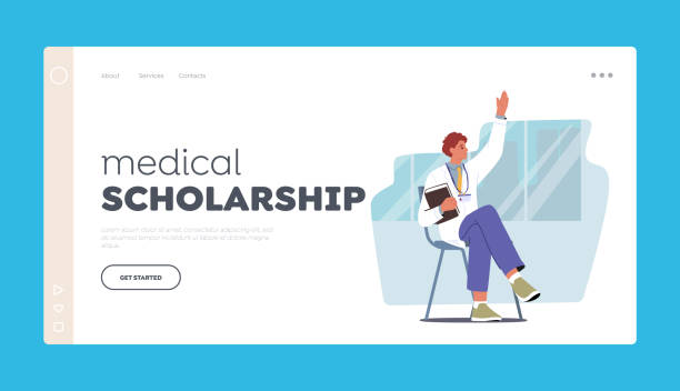 ilustrações de stock, clip art, desenhos animados e ícones de medical scholarship landing page template. student in doctor uniform with badge and book in hand asking question - medical student healthcare and medicine book education