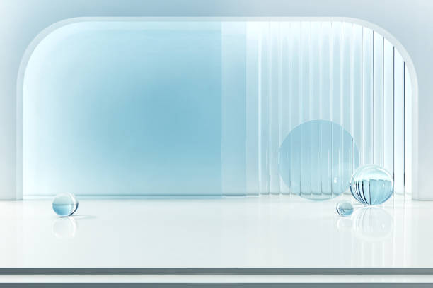 White arch and light blue clear glass backdrop with crystal ball. stage podium clean cool bright. glow light bright product display stand. pedestal for beauty cosmetic or skin care.