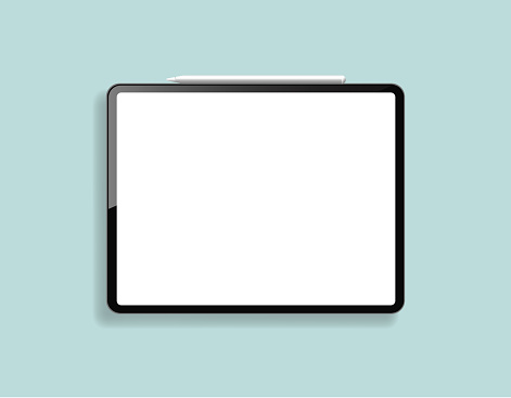 Frontal tablet mockup template with empty white screen and pencil similar to ipad pro air. Realistic vector illustration.