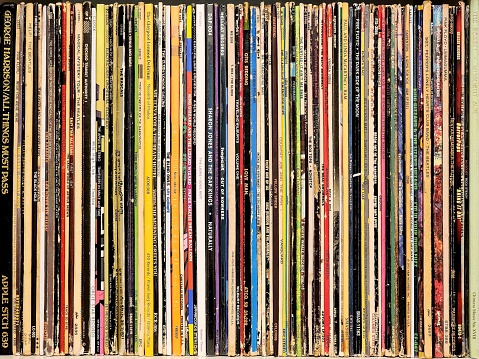 Close up of records for sale in a store standing in the North East of England.