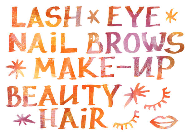 istock Watercolor Set of Makeup elements on a white background. Watercolour orange and brown gradient word. Lash, eye, nail, brows, Make-up, beauty, hair, lips, eyelash and snowflake 1429505363