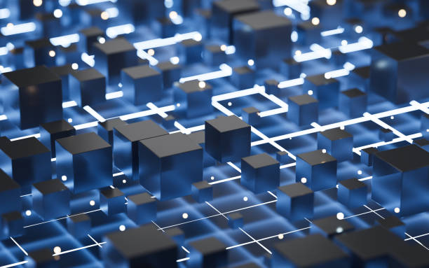 istock Abstract glowing cubes and lines, circuits and materials, 3d rendering. 1429508987