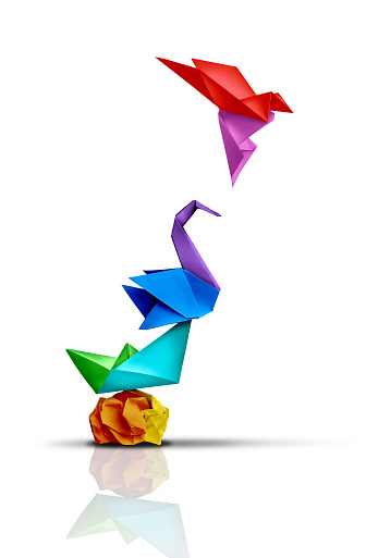 Reaching higher and success transformation or Transform and rise to succeed or improving concept and leadership in business through innovation and evolution with paper origami changed for the better.