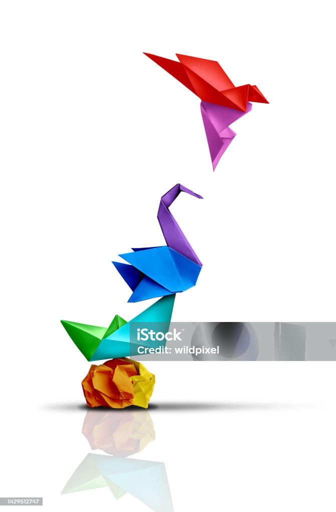 Reaching Higher Reaching higher and success transformation or Transform and rise to succeed or improving concept and leadership in business through innovation and evolution with paper origami changed for the better. Change Stock Photo