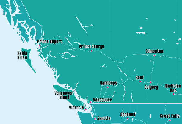 prosta mapa prowincji kolumbia brytyjska i alberta w kanadzie i stanach zjednoczonych. - alberta map edmonton canada stock illustrations