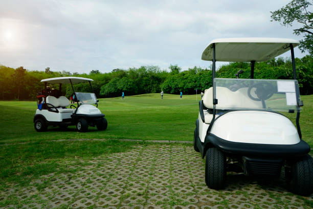 istock Golfcar in beautiful golf course in the evening golf course 1429528586
