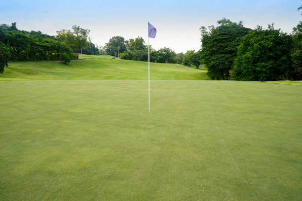 2 blue golf flags one foreground another defocused In background.