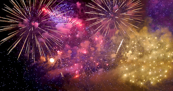 Purple Firework celebra aniversario feliz año nuevo 2023, festival festivo del 4 de julio. Los fuegos artificiales morados en la noche celebran la fiesta nacional. Fuegos artificiales violetas Cuenta regresiva para el festival de año nuevo 2023 photo