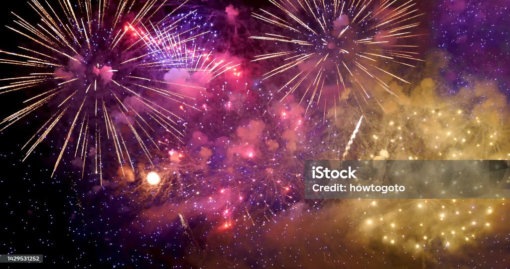 Purple Firework celebrate anniversary happy new year 2023, 4th of july holiday festival. Purple firework in night time celebrate national holiday. Violet firework Countdown to new year 2023 festival Firework Display Stock Photo