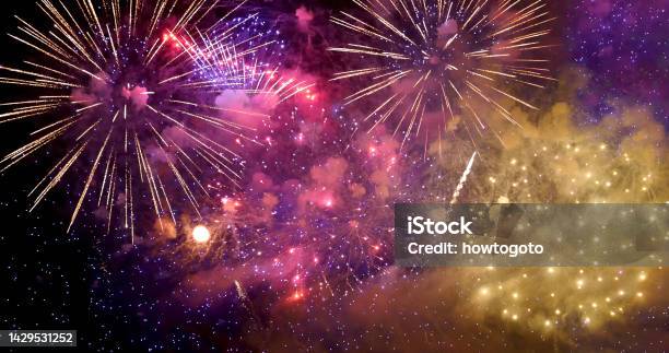 Purple Firework Celebrate Anniversary Happy New Year 2023 4th Of July Holiday Festival Purple Firework In Night Time Celebrate National Holiday Violet Firework Countdown To New Year 2023 Festival Stock Photo - Download Image Now