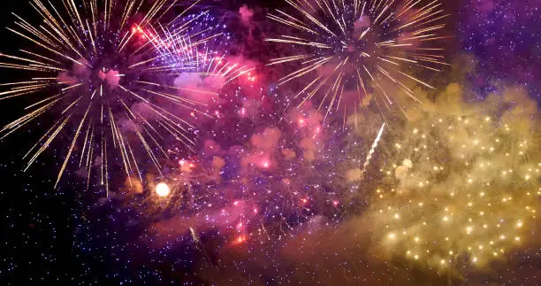 Photo of Purple Firework celebrate anniversary happy new year 2023, 4th of july holiday festival. Purple firework in night time celebrate national holiday. Violet firework Countdown to new year 2023 festival