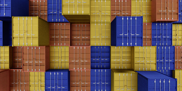 Cargo Transportation and Delivery concept: Many colorful rectangular locked steel containers stacked on top of each other at a harbour shipping dock. 3D freight illustration background with large copy space.