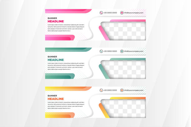 Collection of horizontal banner use white background an line pattern element Collection of horizontal banner use white background an line pattern element. space for photo. the variant color choice are pink, green, and orange gradient. header footer template stock illustrations