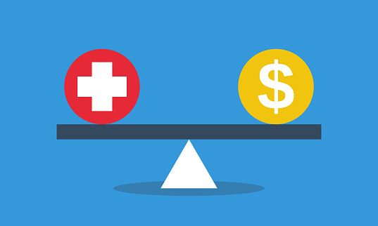 Medical cross and dollar coin in equilibrium on seesaw. Expensive health insurance concept. Vector flat style infografics illustration.