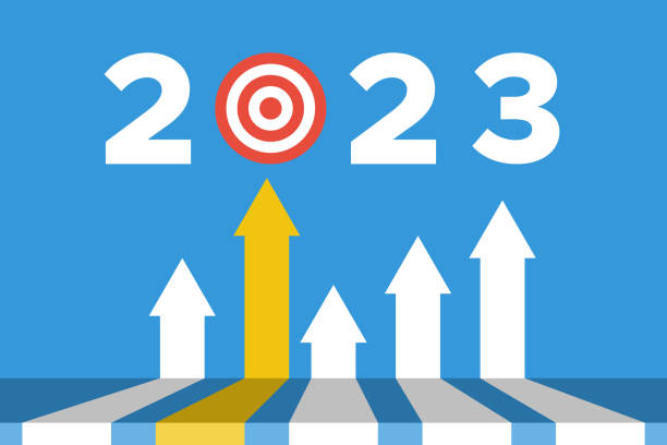 ilustraciones, imágenes clip art, dibujos animados e iconos de stock de objetivo de año nuevo 2023, objetivo comercial o personal, concepto de éxito de vector plano - anual